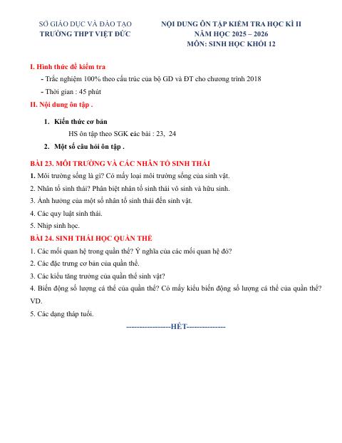 Đề cương ôn tập Học kì 2 Sinh học 12 năm 2025–2026 trường THPT Việt Đức (Hà Nội)